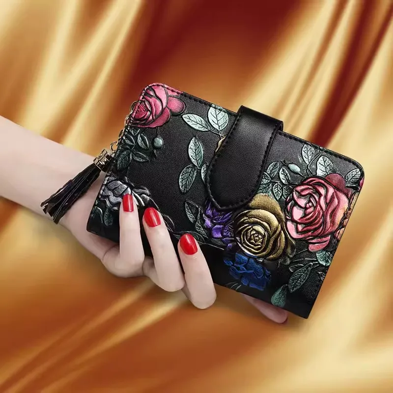 Kartenhalter-Geldbörse, kurz, für Damen, 2026, Vintage, kleine Geldbörse, Damen, 3D-Muster, Damen-Geldbörse aus Leder, Mini-Clutch aus Rindsleder – Detail 5
