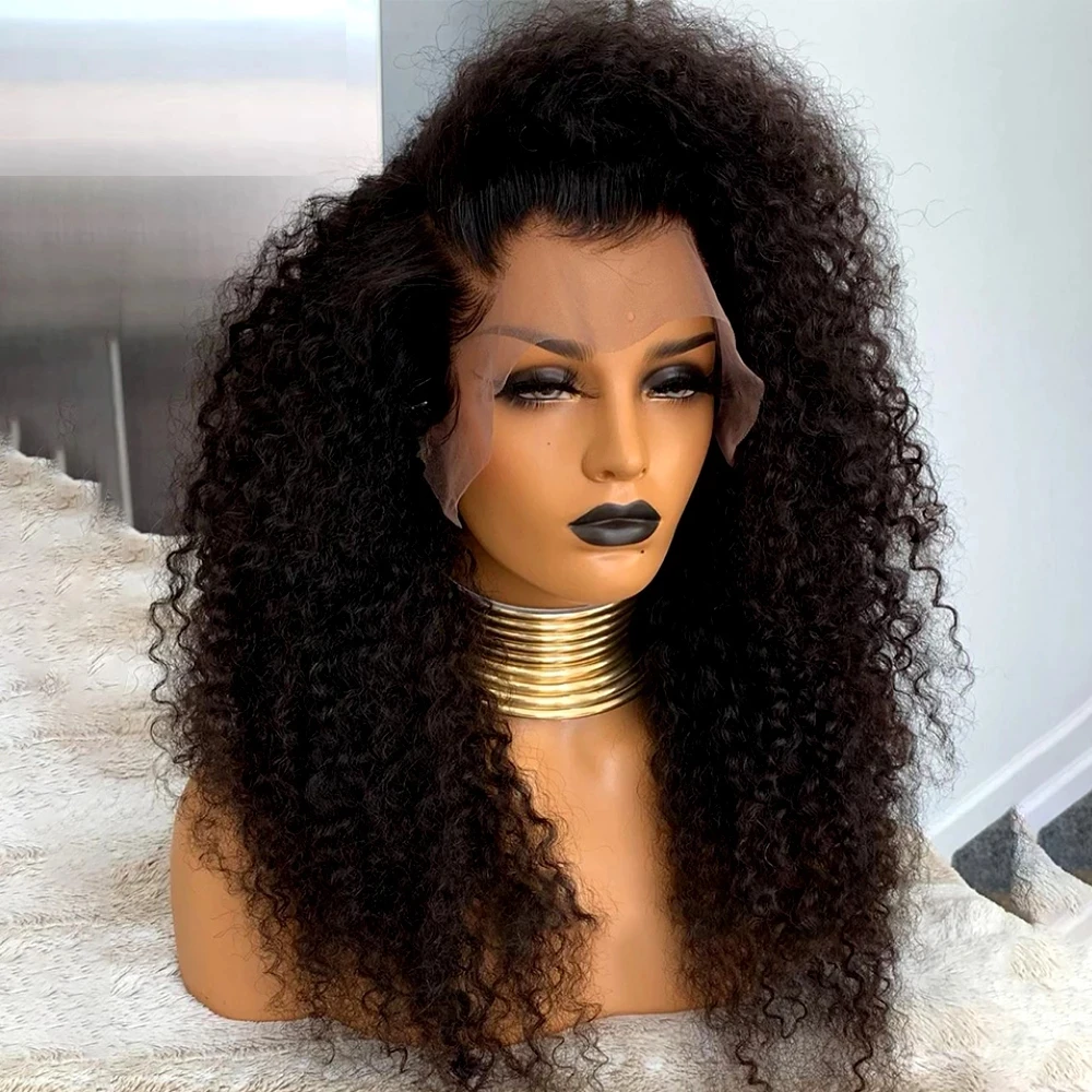 

Middle Part Glueless Soft 180Density Kinky Curly Long Natural Black Lace Front Wigs For African Women Babyhair PrePlucked Daily
