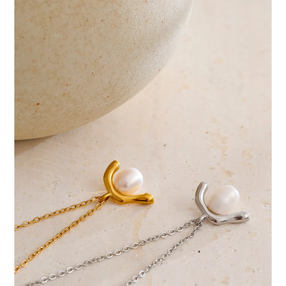 Yhpup Trendy Stainless Steel Imitation Pearls Pendant Necklace