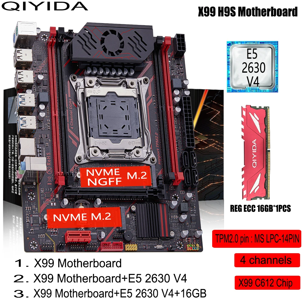 thumbnail image 1 of QIYIDA X99 H9S Motherboard Set Kit With LGA2011-3 Xeon E5 2630 V4 CPU DDR4 16GB REG ECC memory NVME M.2 TPM 2.0 Interface SATA3, 1 of 4