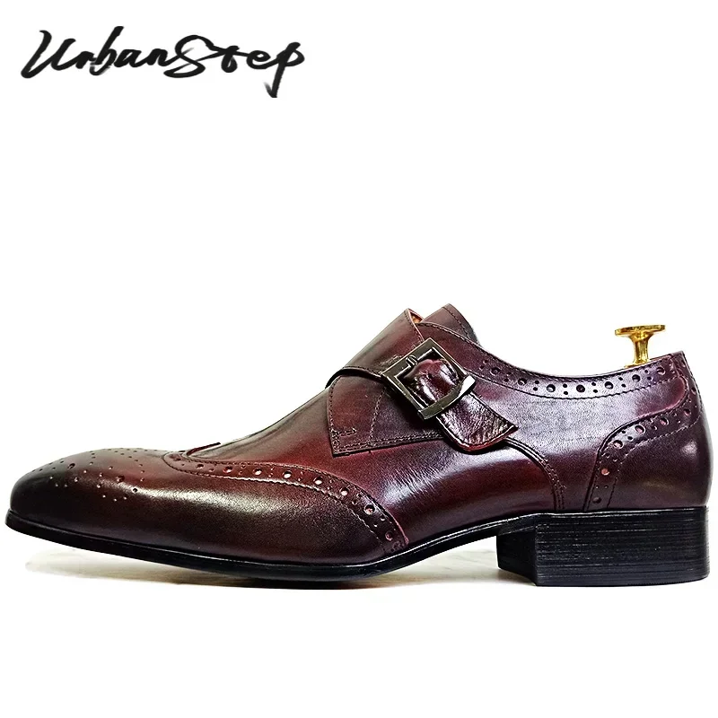 Leather shoes LUXURY MEN'S LOAFERS GENUINE LEATHER BURGUNDY SLIP ON MONK STRAP CASUAL DRESS MAN SHOE BUSINESS OFFICE WEDDING SHOES MEN
