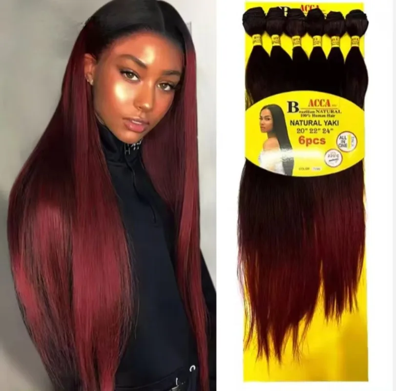Hair Extensions 6 Bundles Synthetic Hair Extensions Natural Yaki Straight Hair for Women Synthetic Bundles Extenciones with Closure