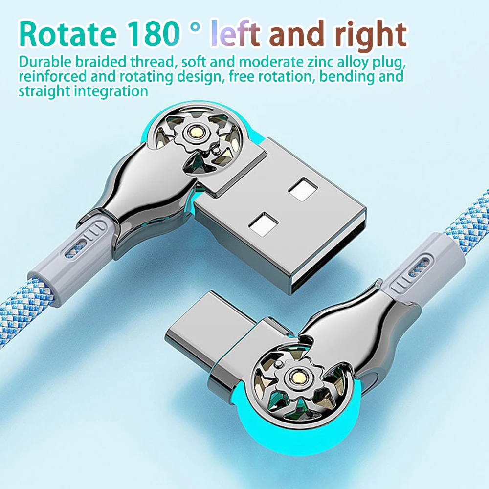 180 Rotatable Fast Charge Braided Data Cable USB A to Type C Zinc Alloy Braided Cord LED Light for iPhone Xiaomi Huawei Charger