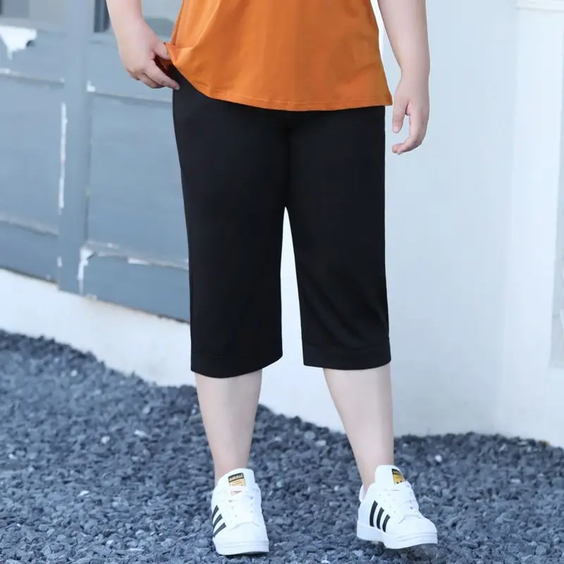 Casual Pockets Black and White Straight Trousers Summer Thin Patchwork Button High Waist Loose Plus Size Lady Seven Points Pants