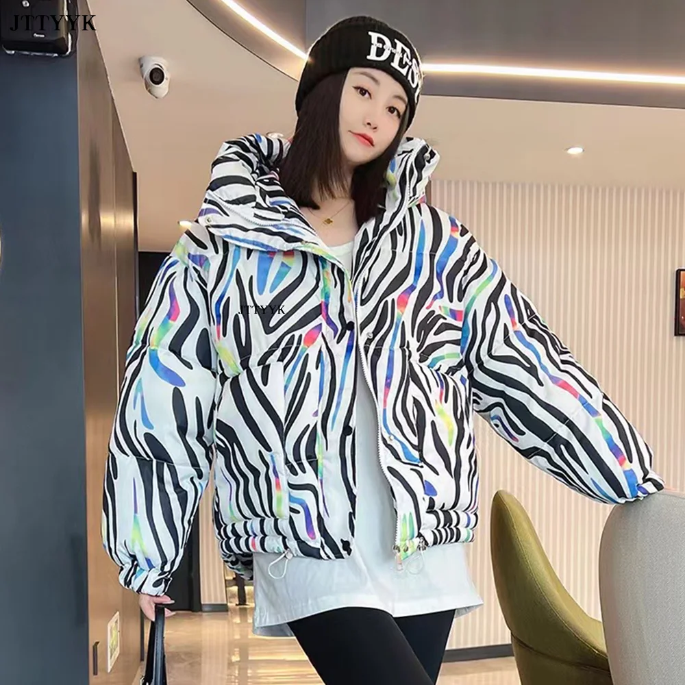 Warm Winter Down Jacket Women 2023 Graffiti Print Fashion Hooded Short Parka Girls Thick Streetwear Hip Hop Padded Coat Female