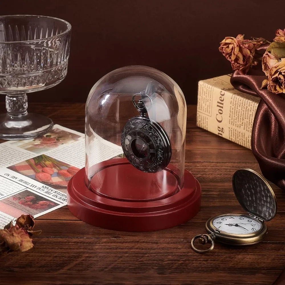 Watch Box 3 x 4 inch Pocket Watch Display Case Glass Watch Dome Cloche with Metal Hook Display Jar with Wood Base Glass Dome