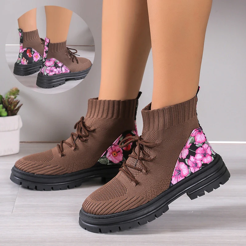 

Ботинки-носки с цветочным принтом, вязаная сетчатая обувь, дышащая эластичная обувь с высоким верхом без шнуровки для женщин, осенне-зимние ботильоны
