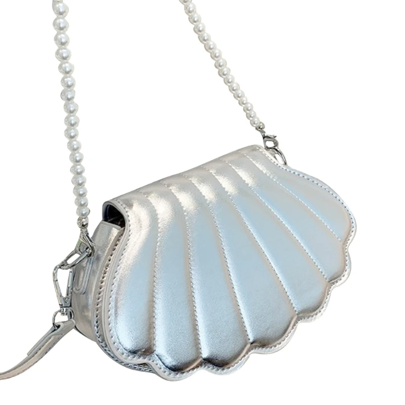 

Womens Pearl Chain Handbag Purse Female Shell Shape Shoulder Bag Ladies PU Crossbody Messenger Bag for Party Prom 517D
