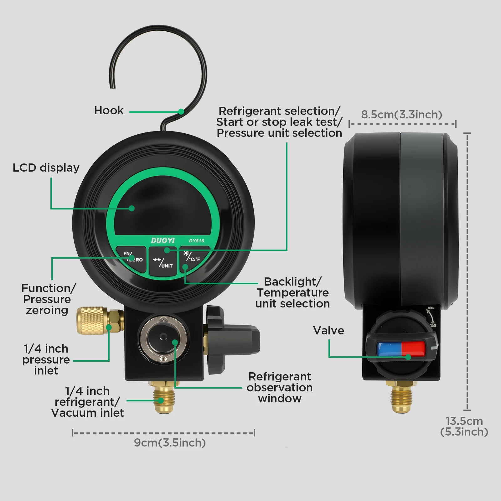 DUOYI DY516 디지털 HVAC 매니폴드 게이지 불소화 측정기 냉매 진공 압력 측정 도구