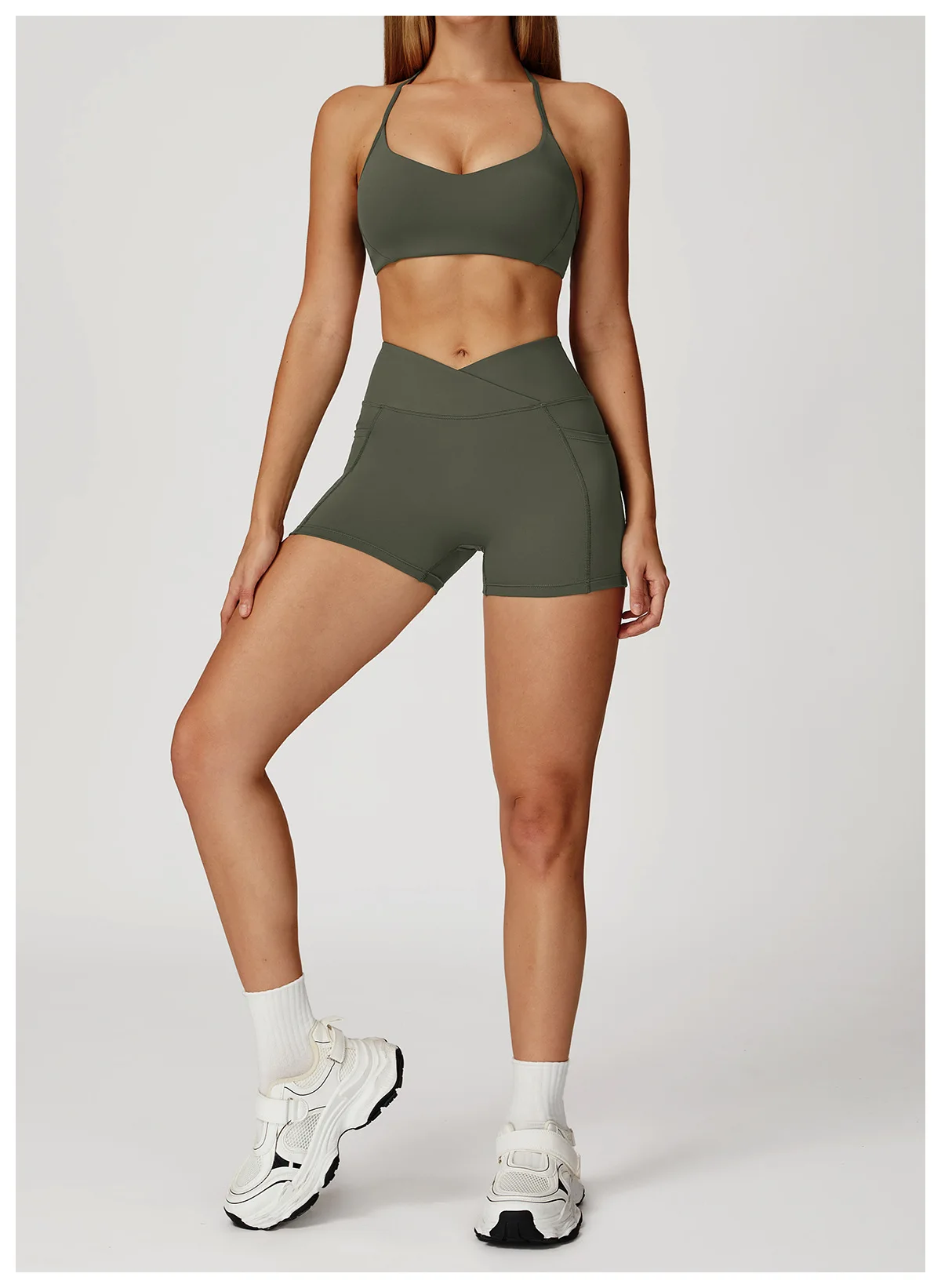 Legging Court Sport Femme Taille Haute avec Poches