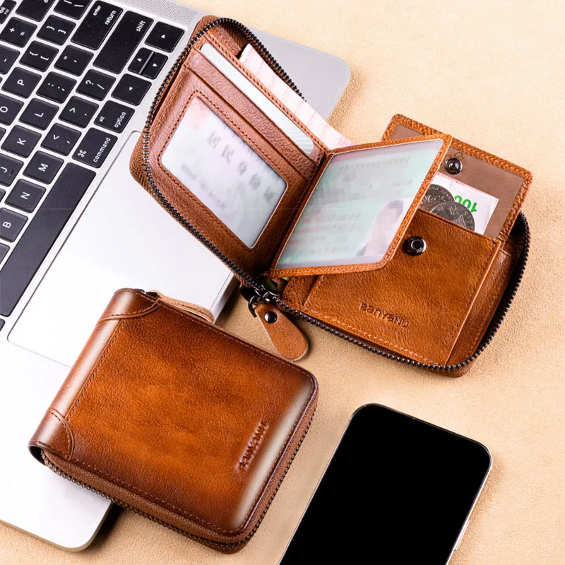 Men's Leather Wallet Zipper Small Purse Card Holder Man Carteira Masculina genuine leather Coin Purse Porte Monnaie Money Bag
