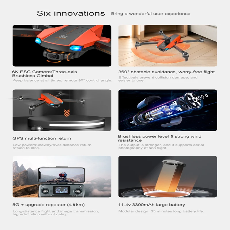 X22 드론 6K ESC 3 축 짐벌, 브러시리스 GPS, FPV 광학 흐름 로컬라이제이션, 전문 공중 5G 와이파이, 360 ° 장애물 회피