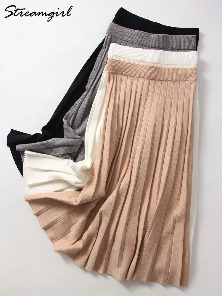Vrouwen Gebreide Lange Rok Herfst Winter Dikke Warme Casual Effen A-lijn Hoge Taille Midi Rok, Zwart, Eén Maat
