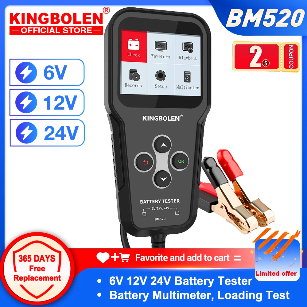 KINGBOLEN BM520 6V 12V 24V Car Battery Tester Truck Battery System Test