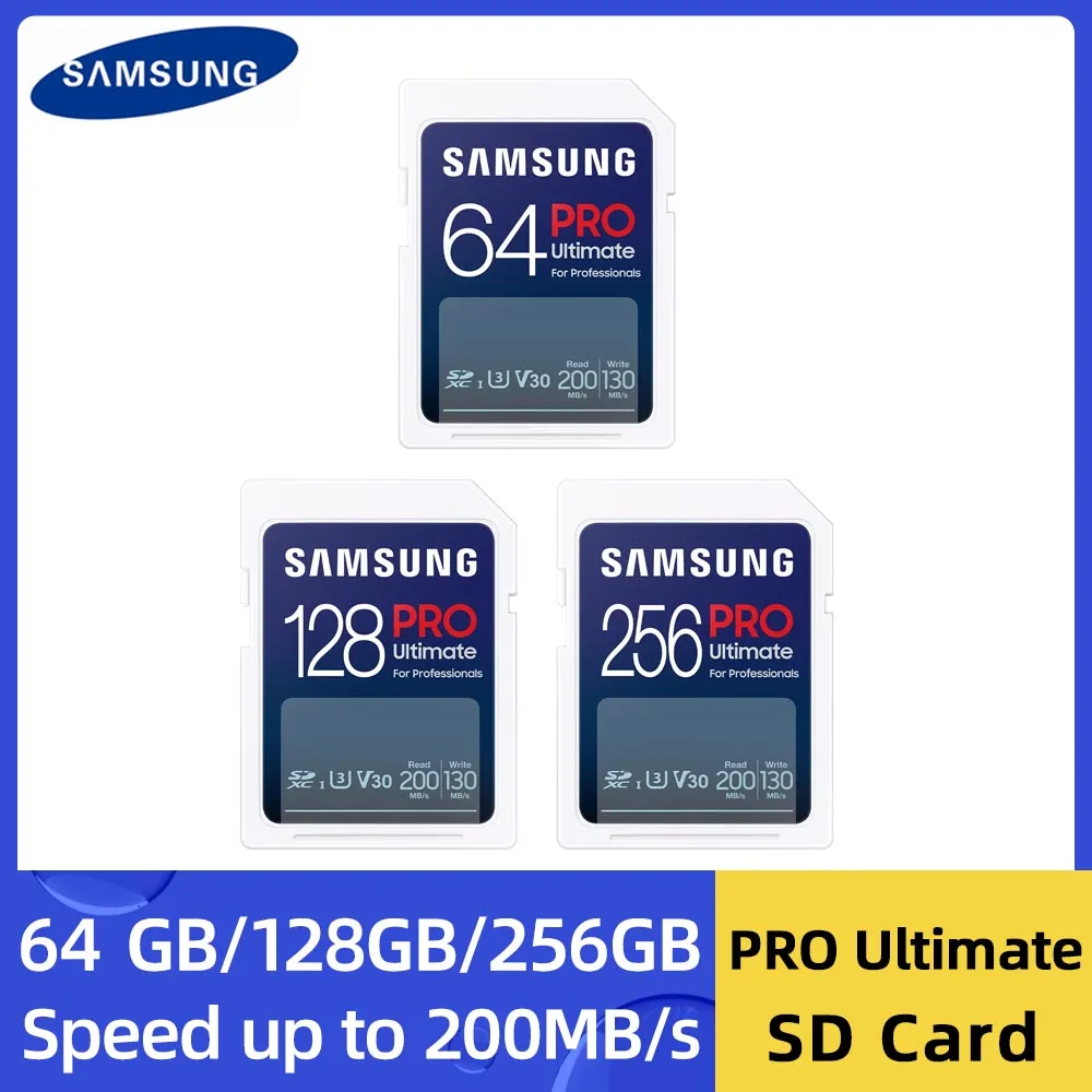 

SAMSUNG Pro Ultimate SD Card SDXC 64GB V30 UHS-I Memory Card 128GB 256GB Read 200MB/s C10 SD Card for 4K Camera Laptop