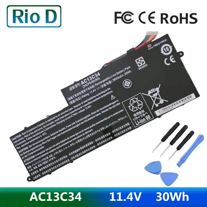 

New AC13C34 Laptop Battery For Acer Aspire E3-111 E3-112 ES1-111M V5-122P V5-132 MS237 KT.00303.005 11.4V 2640mAh/30WH