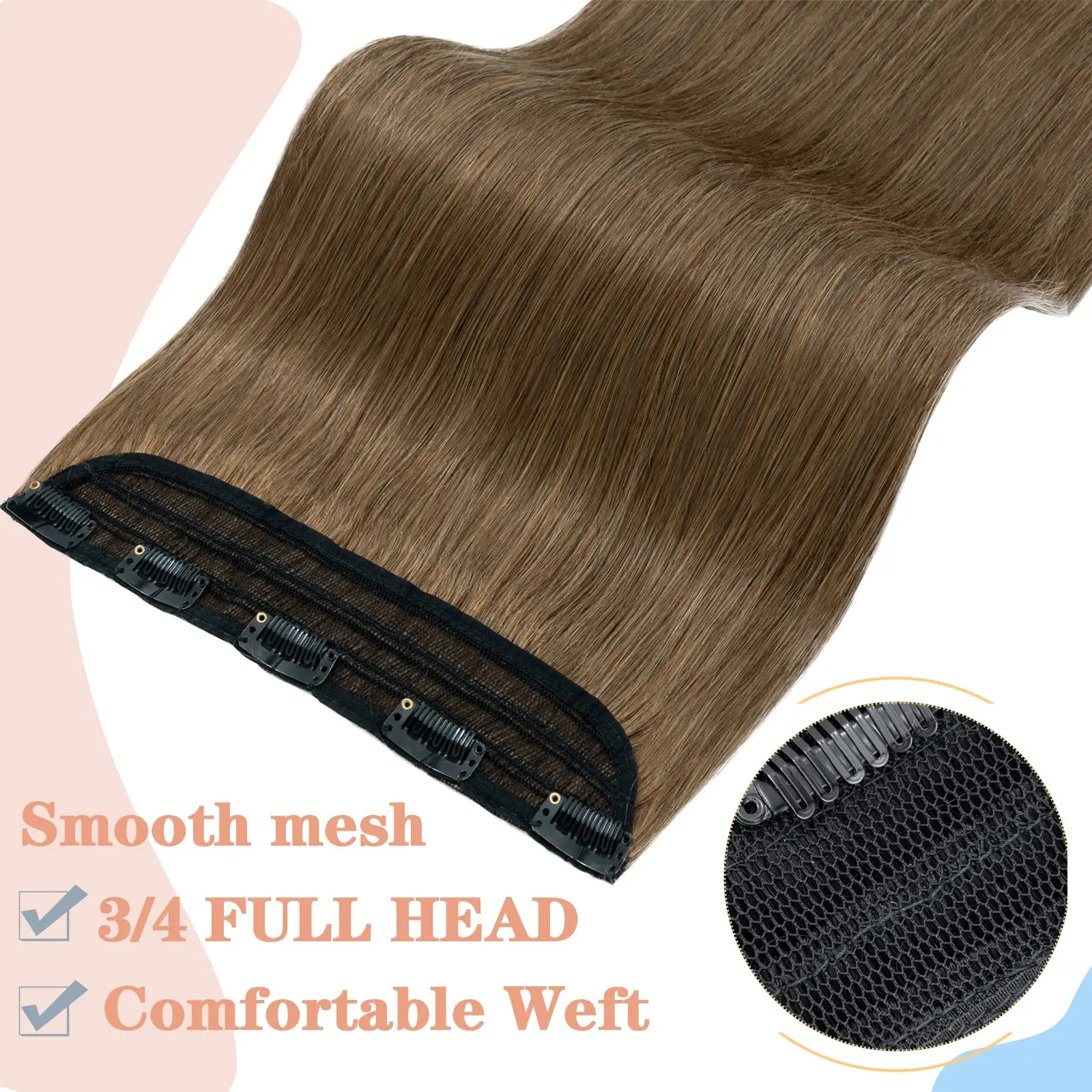 Clip in Hair Extensons One Piece/5 Clips 3/4 Full Head-Thicker Hair Clip Standard Weft Straight Soft #06 Light Brown Human