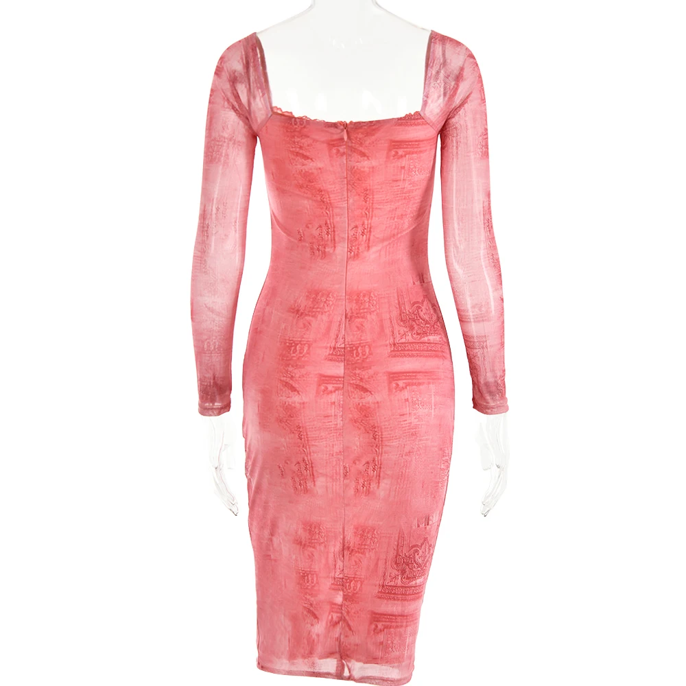 -Long Sleeve Printed Dress for Women, Bodycon Lace Midi Dress, Elegant Party Evening Dress, Square Neck, Autumn,