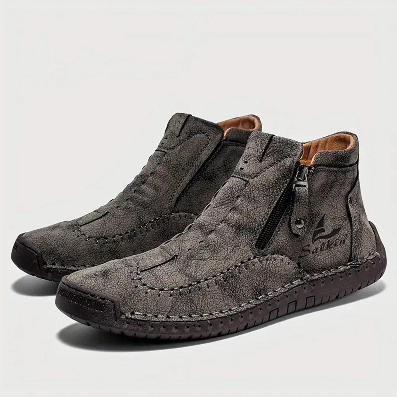 Handgenähte High-Top-Stiefel für Herren, modische Freizeitschuhe mit seitlichem Reißverschluss, Ganzjahres-Outdoor-Stiefel, große Herrenschuhe, bequeme nackte Stiefel – Detail 18