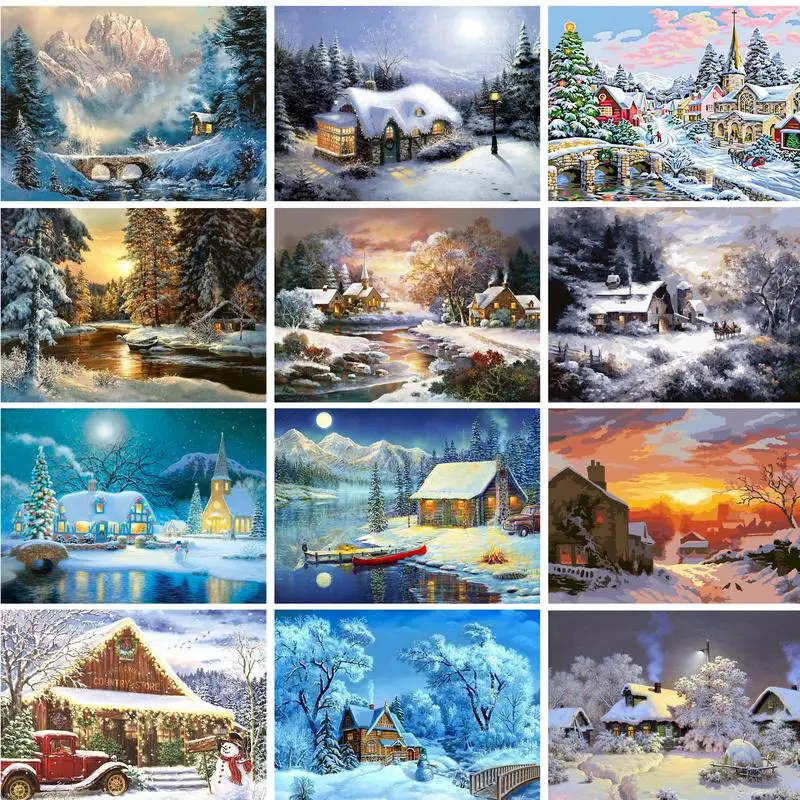 GATYZTORY DIY Painting By Numbers Snow House Landscape Kit Acrylic Paint On Canvas Calligraphy Painting Unique Gift For Home Dec