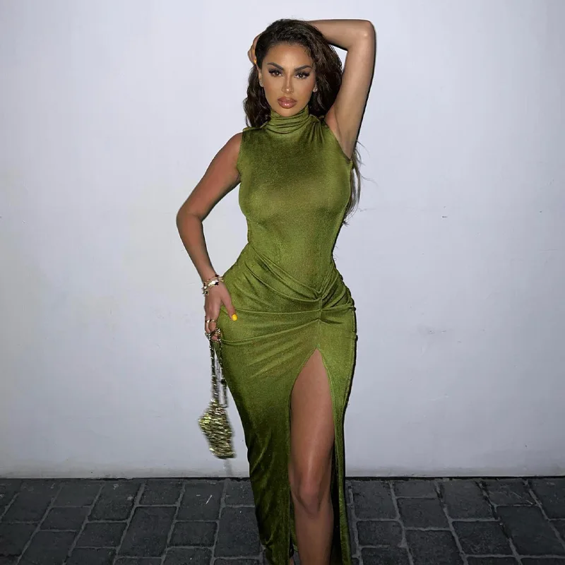 

Women Bodycon Sexy Party Elegant Clothes Green Long Dress Festival Outfits Sleeveless Side Slit Ruched Midi Dress 2024
