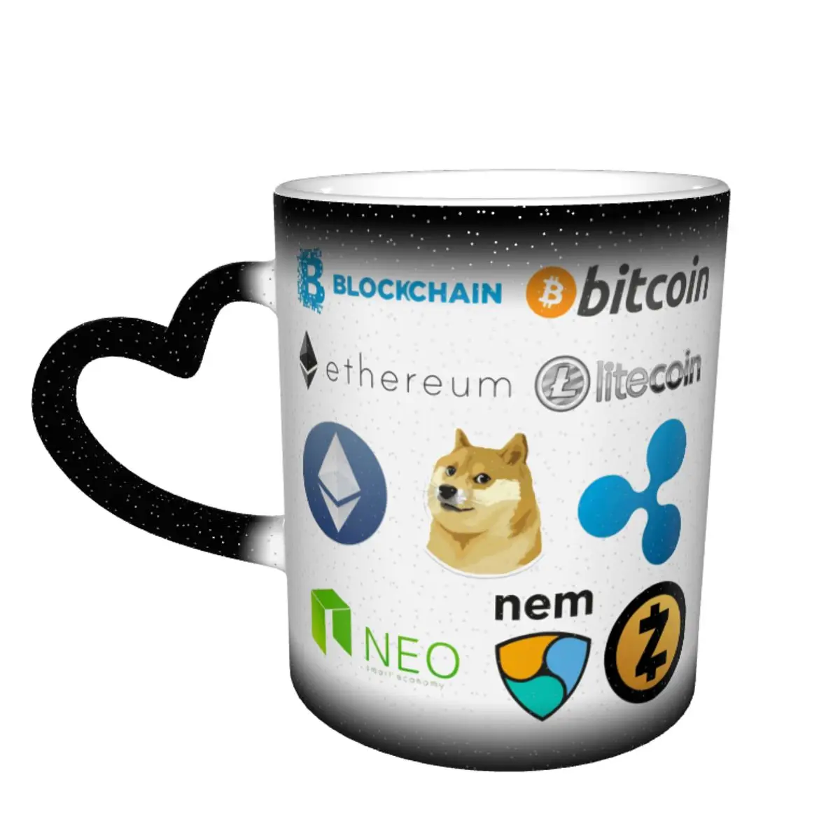 Крипто-диапазон #1 (BTC LTC ETH DOGE XEM NEM XRP ZEC) меняющая цвет кружка в небе Графический