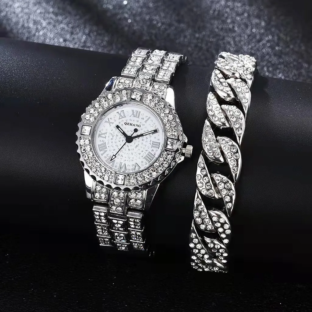 2PCS Simple Iced Out Watch Cubana Bracelet for Women Bling Bling Luxury Gold Watch Women Jewelry Wholesale Relojes Para Mujer