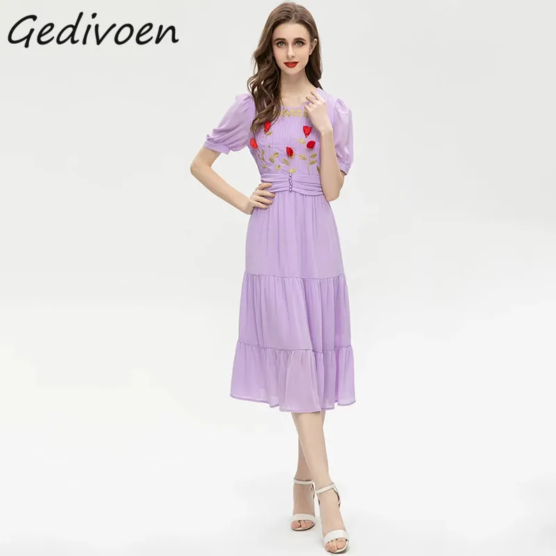 

Gedivoen Summer Fashion Runway Purple Elegant Dress Women's O-Neck Ruched Appliques Embroidery Wrap Belted Ruffles Long Dresses