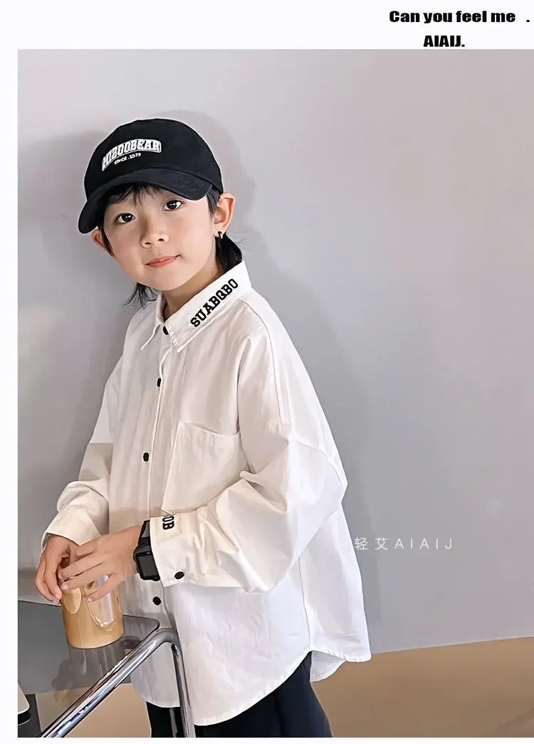 جديد 3-12 سنة ربيع الخريف الفتيان قميص بلون واحدة الصدر الوقوف طوق كم طويل قميص للأطفال الأطفال القطن قميص