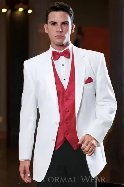 White Formal Wedding Suits For Men Red Vest Slim Fit 3 Piece Tuxedo Custom Style Groom Prom Blazer Sets Masculino Costume Homme