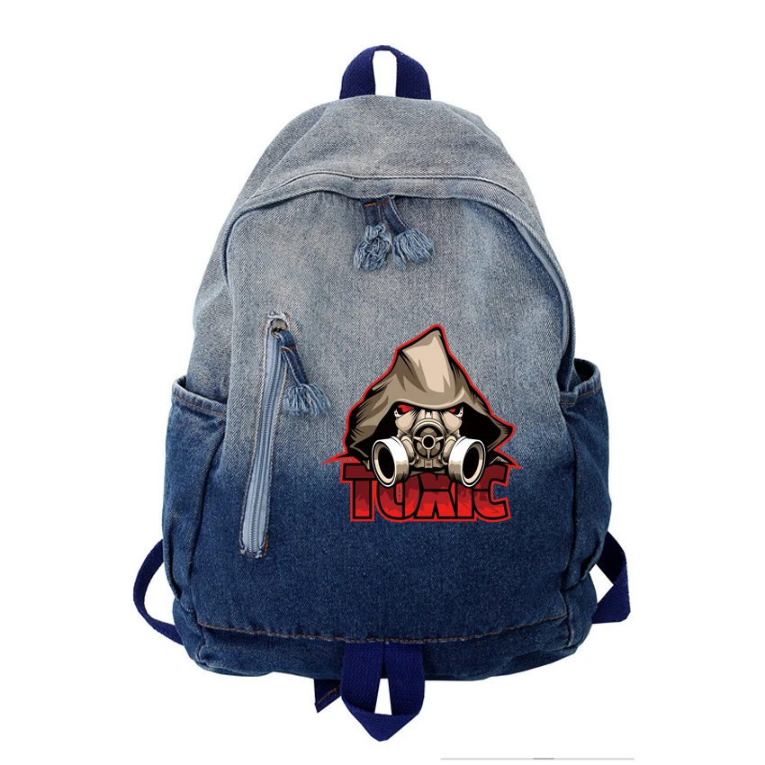 

Vintage Washed Denim Backpacks Couple Daily All-match Casual Fashion Lazy Backpack Cartoon Pattern Cattle Head Pattern Print