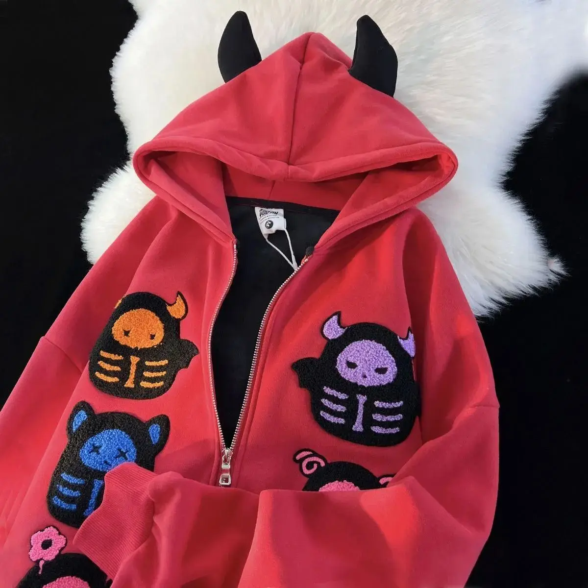 Harajuku Little Demon Hoodies Women Devil Horn Design Sweater Student Top Goth Sweatshirt High Street Zip Up Hoodie Y2k Clothes тумба little street