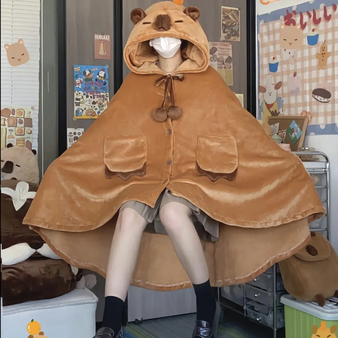 Cartoon Capybara Wearable Hooded Blanket For Adult Soft Warm Flannel Cute Capybara Hoodie Shawl Throw Cloak Wrap For Home Office 6