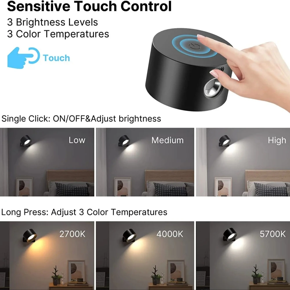 New USB Rechargeable 360 Degree Rotate Magnetic Wall Lamp Touch Control LED Mounted Reading Wall Light For Bedroom