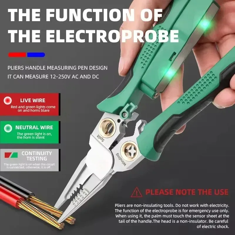 Versatile Electrician Wire Stripper Pliers with Built-In Voltage Tester for Safe Wire Stripping, Cutting & Splitting