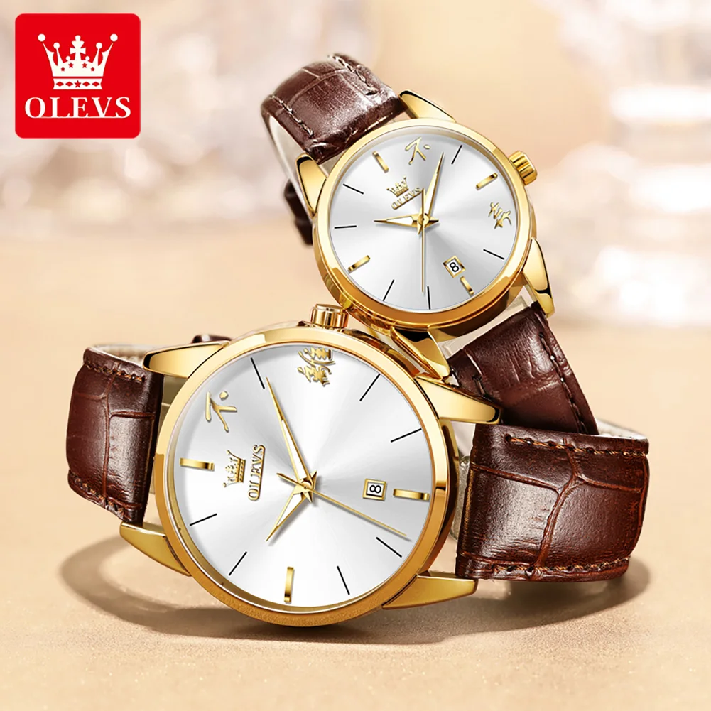 OLEVS Quartz Couple Watches Luxury Leather Strap Chinese Display Simple Calendar Waterproof Luminous Couple Wristwatches Reloj