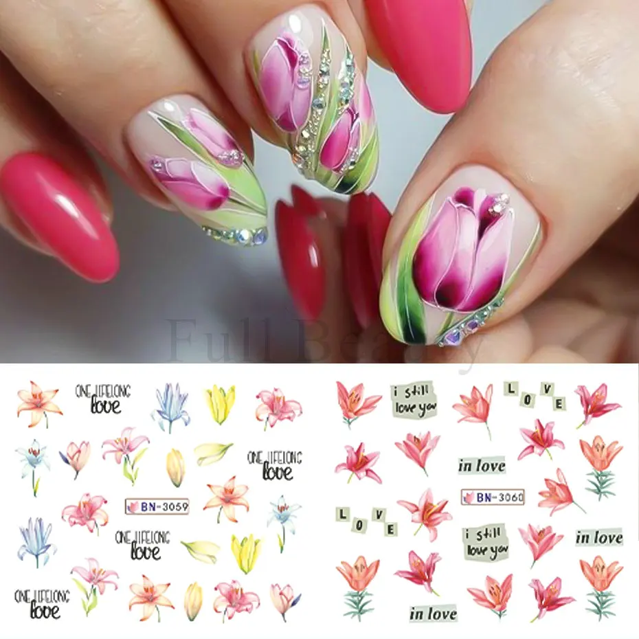 12pcs Lily Floral Water Transfer Decals Stickers Spring Watercolor Flower Green Leaf Nails Art Decoration Summer Manicure Slider