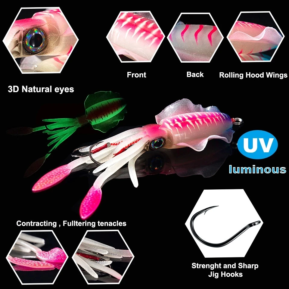 LEYDUN Soft Squid Fishing Lures Luminous UV Squid jig 20g 60g 85g 100g 120g 150g Octopus Calamar pesca mar Soft Bait Sea Fishing