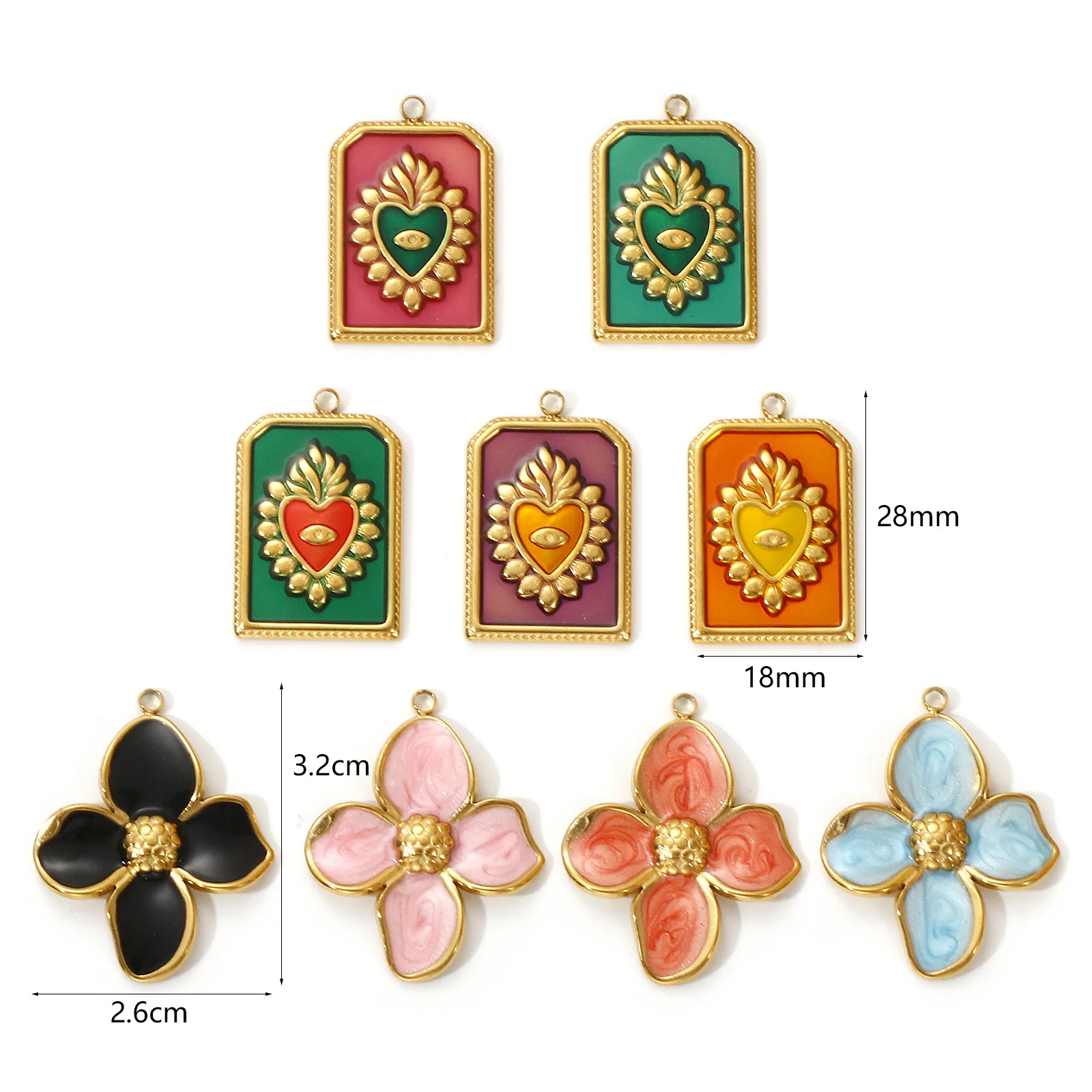 2 Stück 304 Edelstahl Charms 18 Karat echtes Gold vergoldet mehrfarbige Emaille Blume Ex Voto Herz Anhänger für DIY Halskette Herstellung – Detail 1