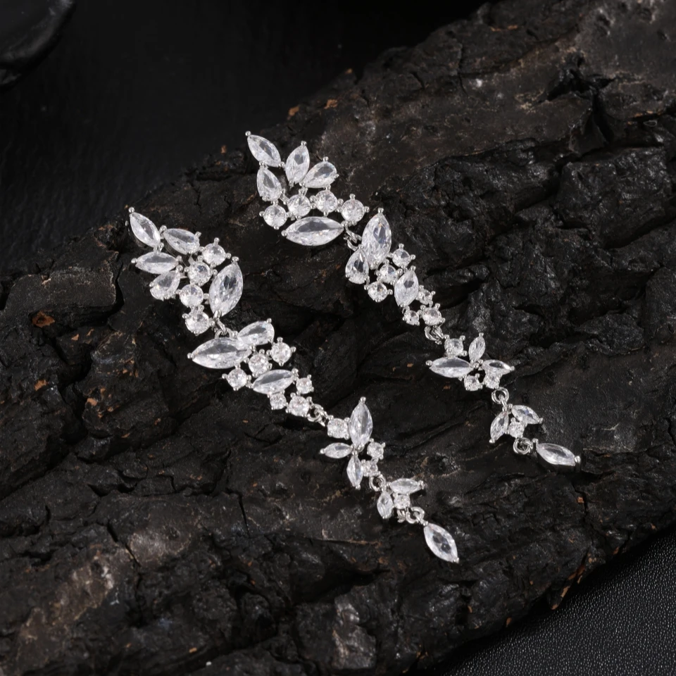 Dangle Earrings ZAKOL Exquisite White Gold Color Leaf Long Dangle Earrings For Women Fashion Cubic Zironia Bridal Earring Wedding Jewelry