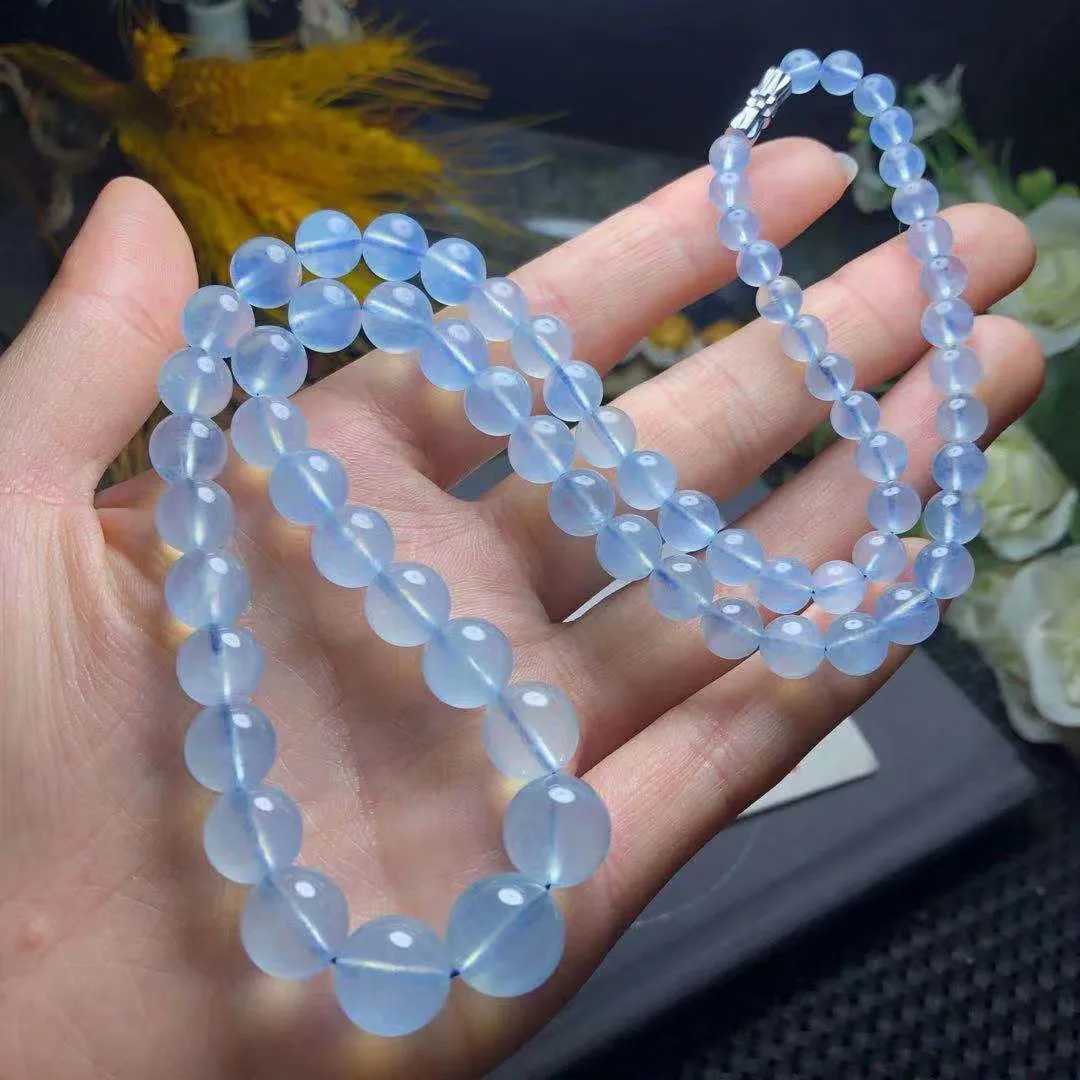 

Natural Blue Aquamarine Necklace For Women Lady Love Gift Energy Crystal Stone Round Beads Long Chains Jewelry AAAAA 5mm-13mm