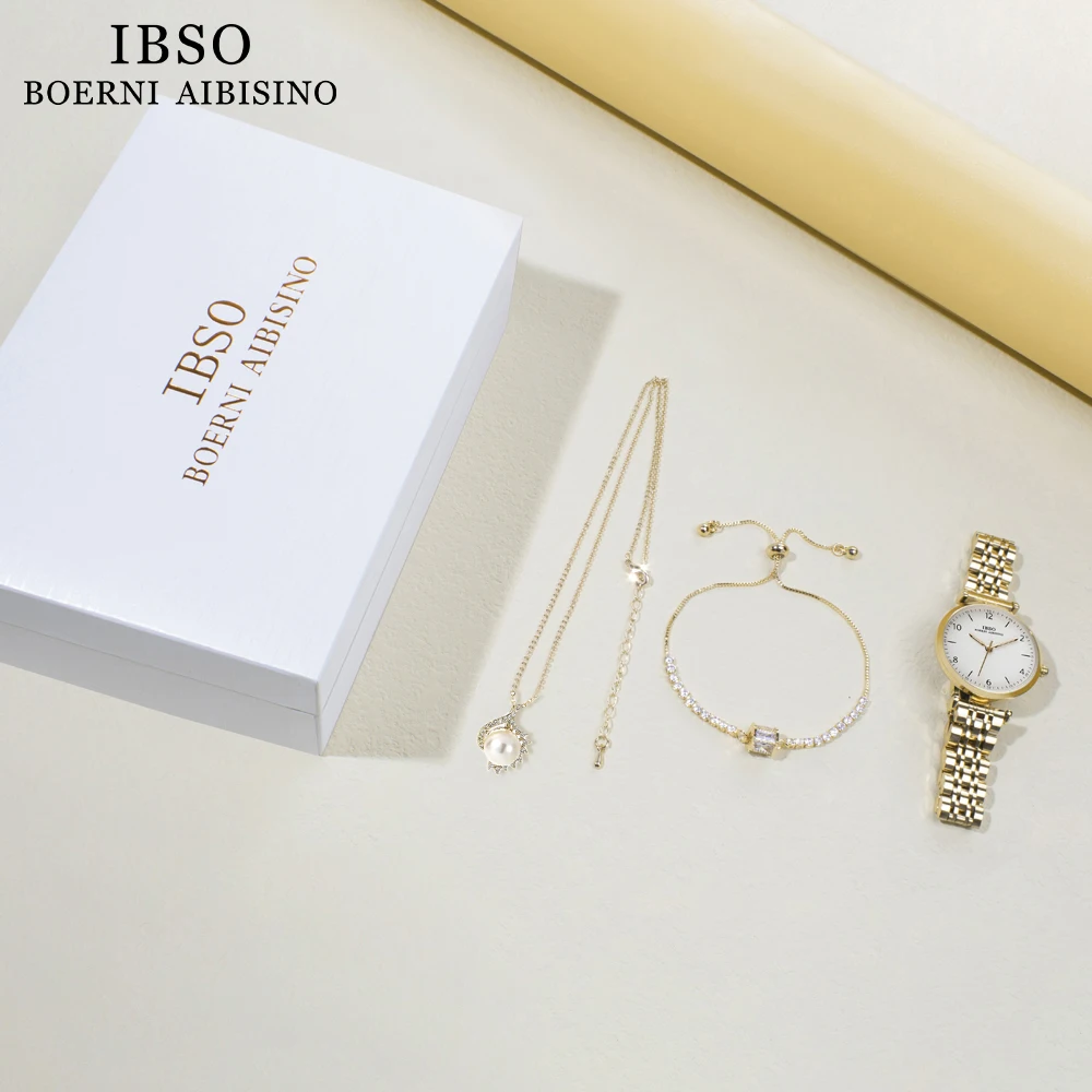 IBSO 2023 NEW Arrival Women Watch Set Simple Dial Quartz Movement Stainless Steel Strap Pearl Necklace Zircon Bracelet Watches