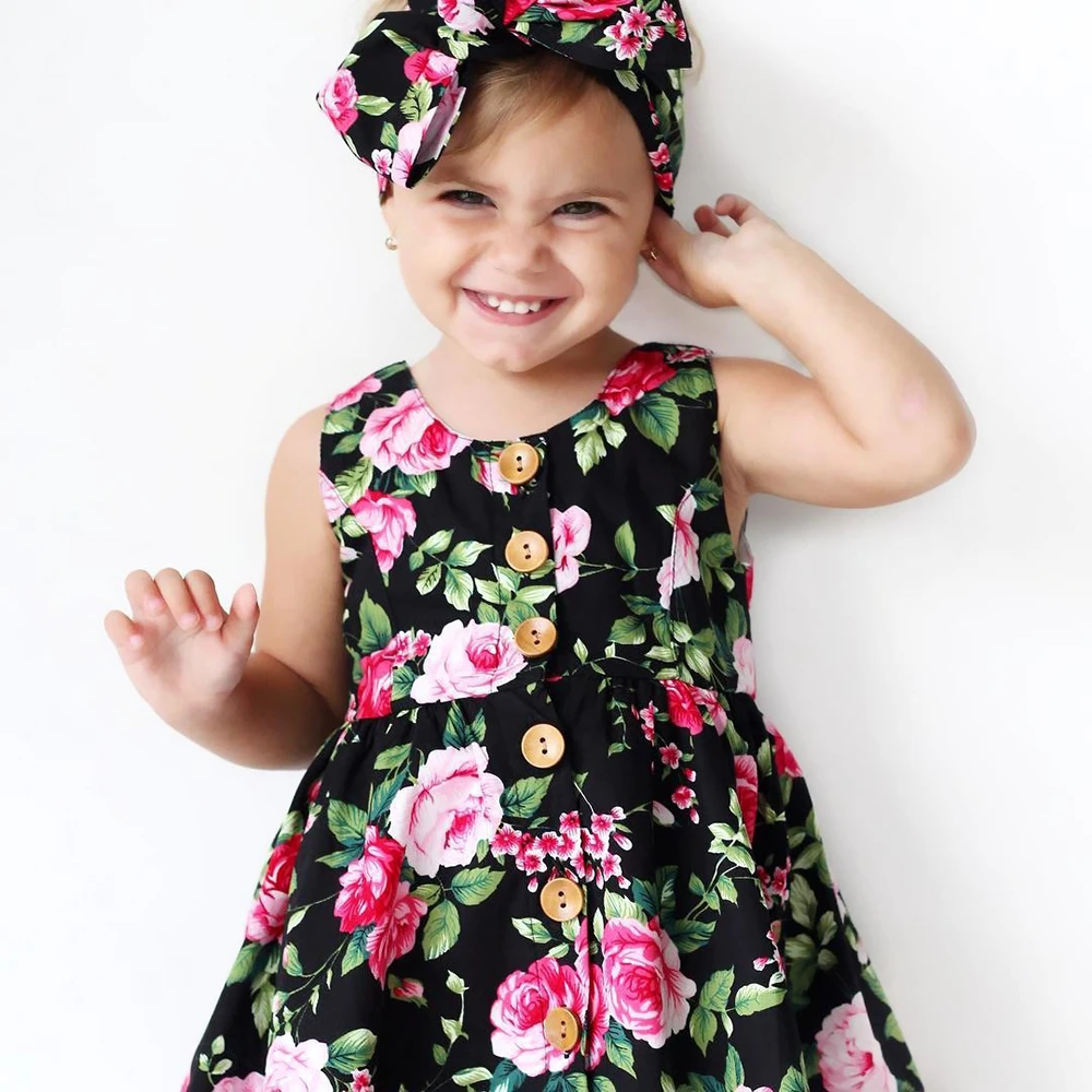 1-6Y Kid Dress With Headband Baby Girl Summer Sleeveless Floral Button Skirt Cotton Comfortable Soft Children Casual Clothing christmas dress Dresses