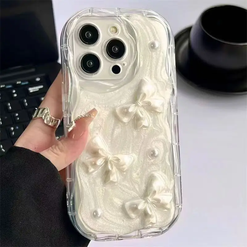 Cute 3D Pearl Bow Wavy Phone Case For iPhone 17 Air 16 15 14 13 12 11 Pro Max Plus Soft Shockproof Bumper Protective Cover