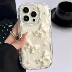Chic 3D Pearl Bow Wavy Phone Case - Soft Shockproof Bumper Protective Cover - iPhone 13 (White)