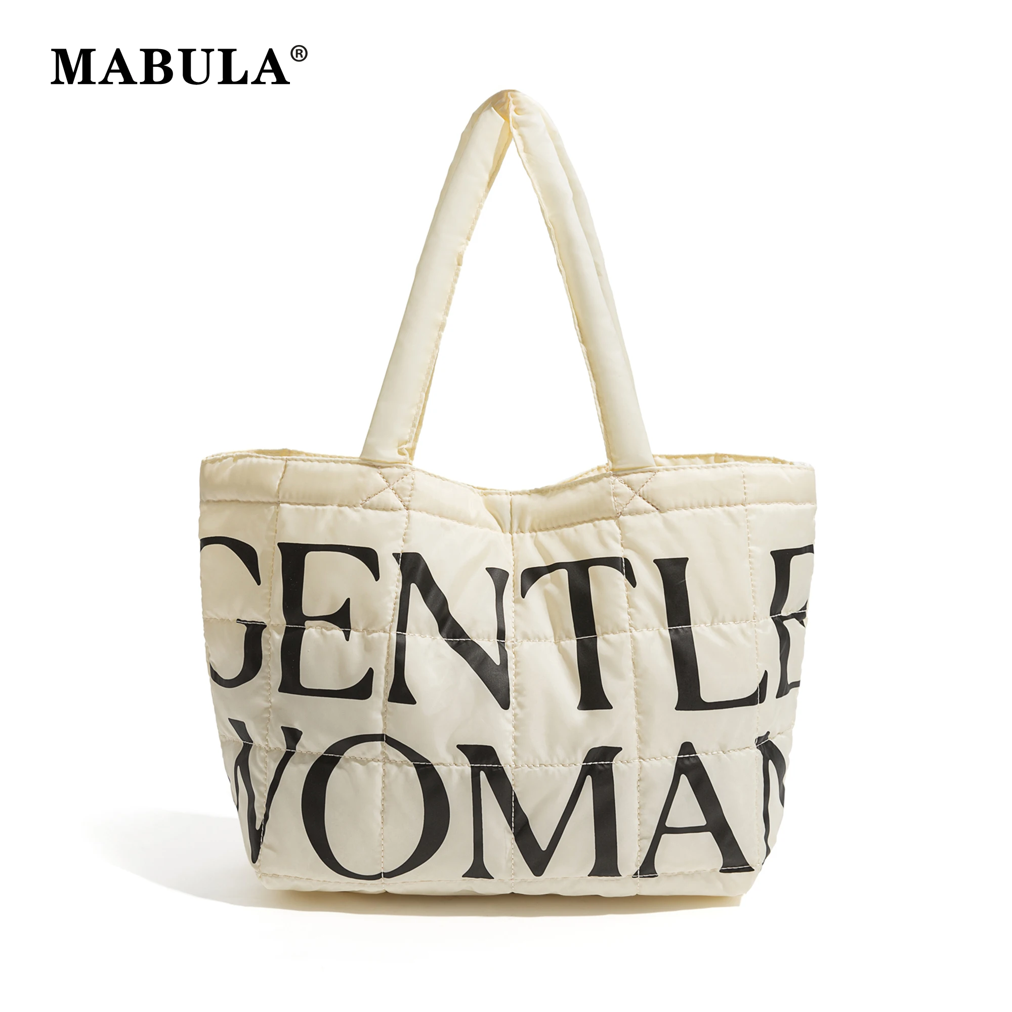 

MABULA Woman Trend Puffer Tote Handbag Quilting Down Padded Shoulder Bag Large Capacity Letter Printed Lightweight Hobo Purse