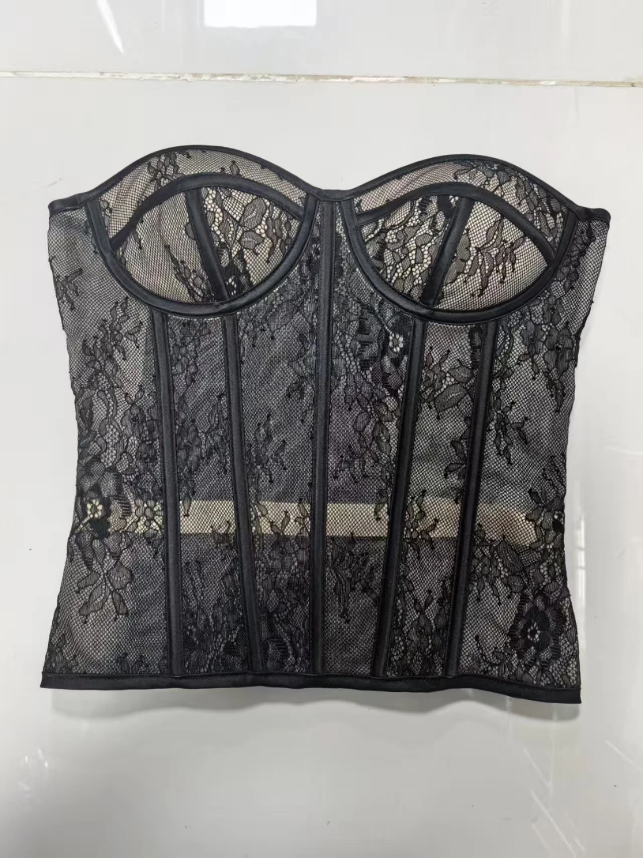 White Lace Corset V-Neck Top Sexy Sheer Bustier Tops for Women Pure Color Corset Waist Shapewear Lingerie Overbust