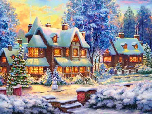 Winter lodges at Christmas paint by numbers