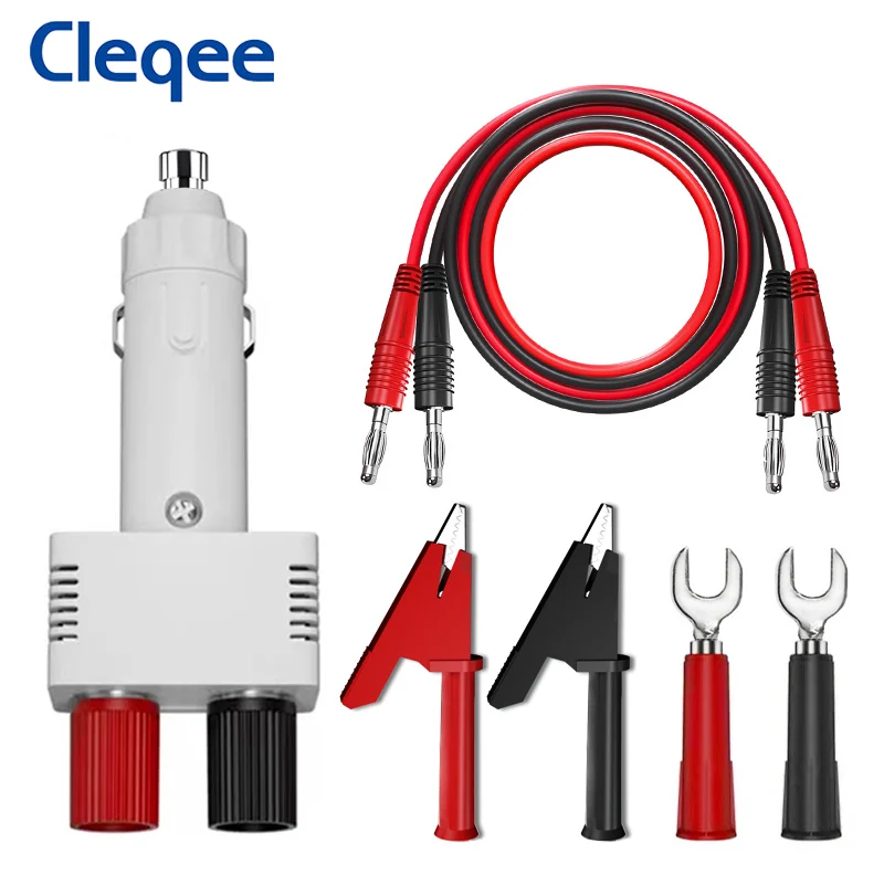 Cleqee P90025 Cigarette Lighter Plug to Dual 4mm Female Socket Adapter with 4mm Banana Plug Test Leads Alligator Clips 12V 10A