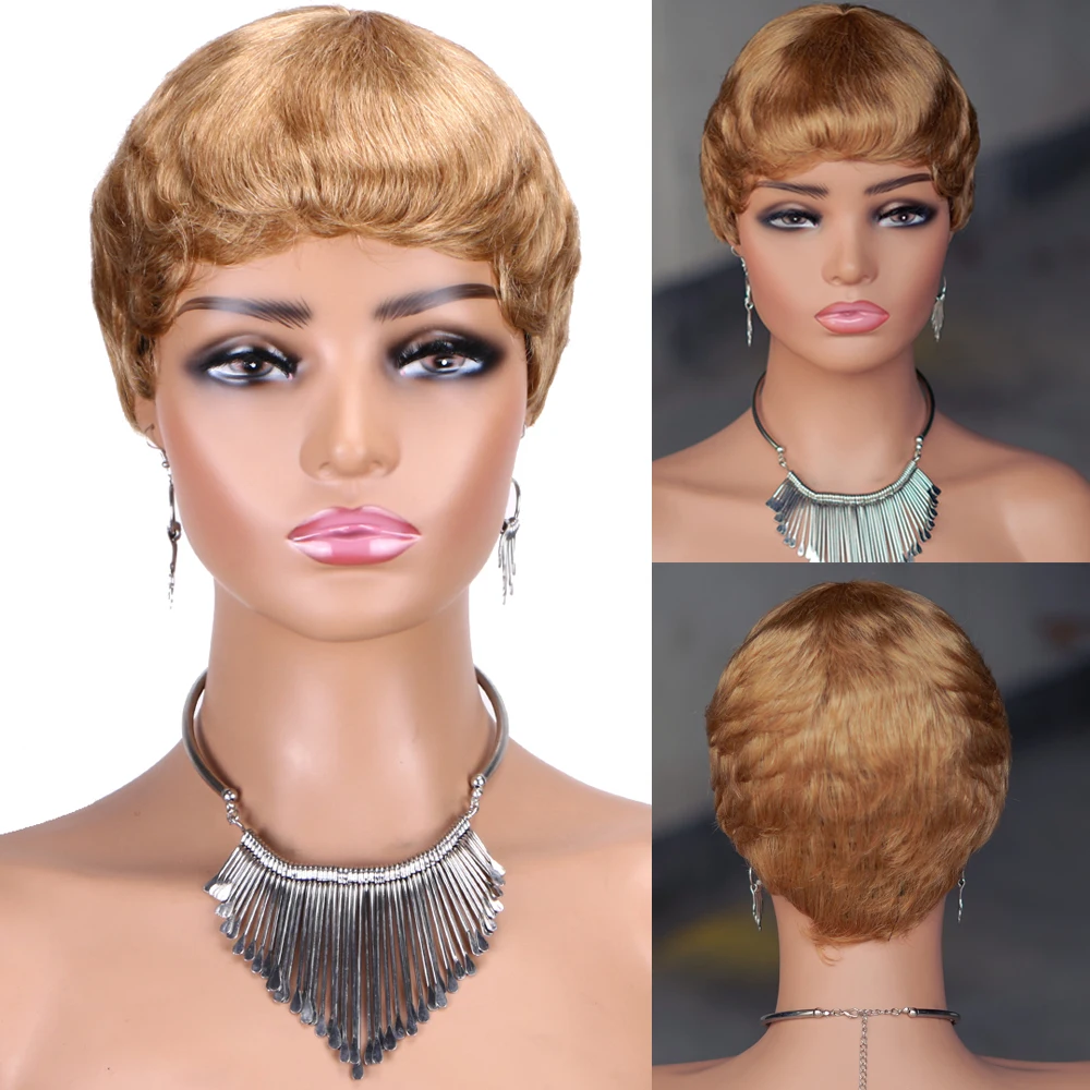 

Pixie Cut Blonde Human Hair Short Natural Wavy Machine Made Wig for Black Women Brazilian Remy Human Hair Wig with Bangs Daily